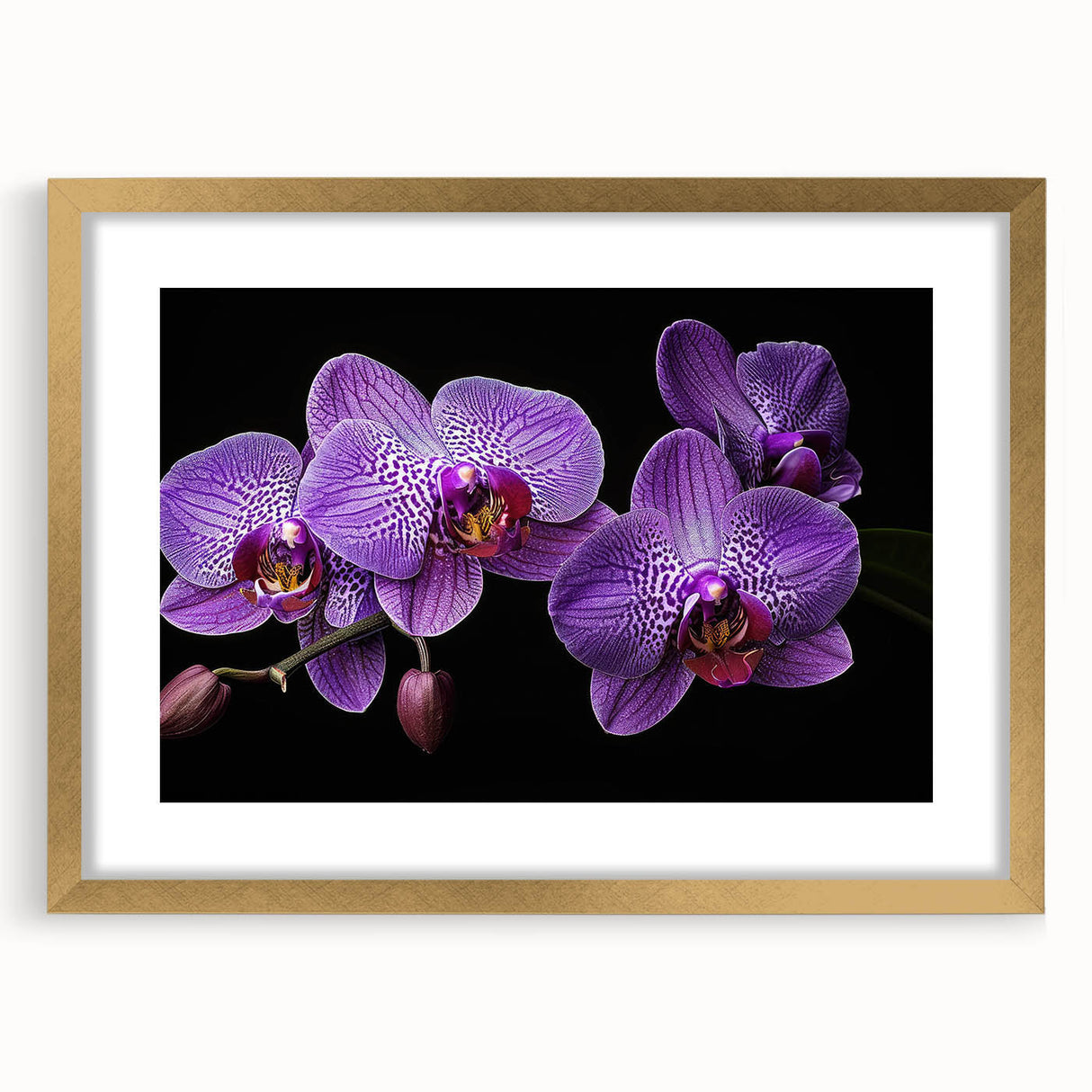 Elegant botanical wall art featuring a gold-framed orchid design, showcasing vibrant colors and intricate details, perfect for enhancing home decor aesthetics.