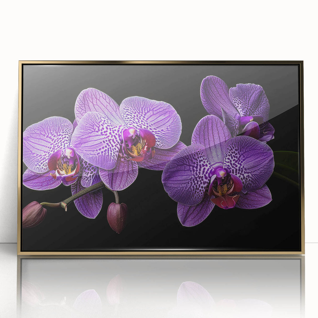 Framed botanical wall art featuring a vibrant orchid design with a gold-acrylic finish, perfect for enhancing home decor or office aesthetics.