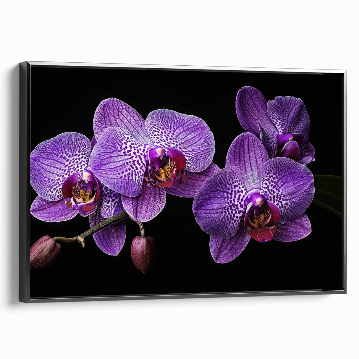 Framed botanical wall art featuring an elegant orchid design on a textured canvas, showcasing vibrant colors against a sleek black frame, ideal for home decor.