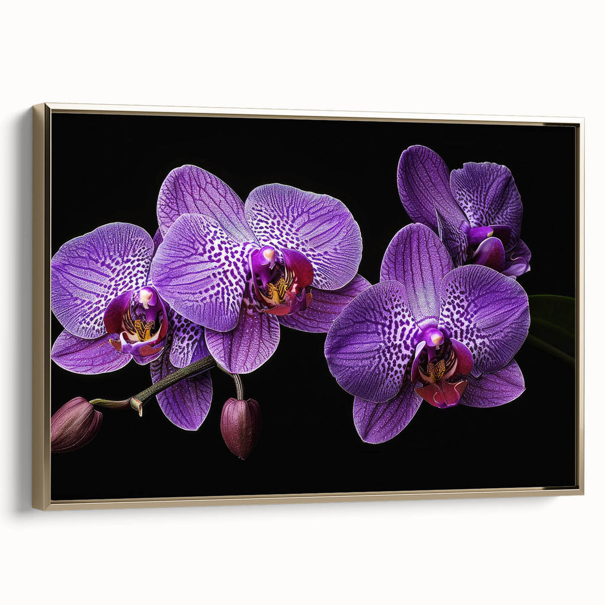 Framed botanical wall art showcasing a stunning orchid design in vibrant colors, featuring a sleek gold frame that enhances its elegance, perfect for home decor.