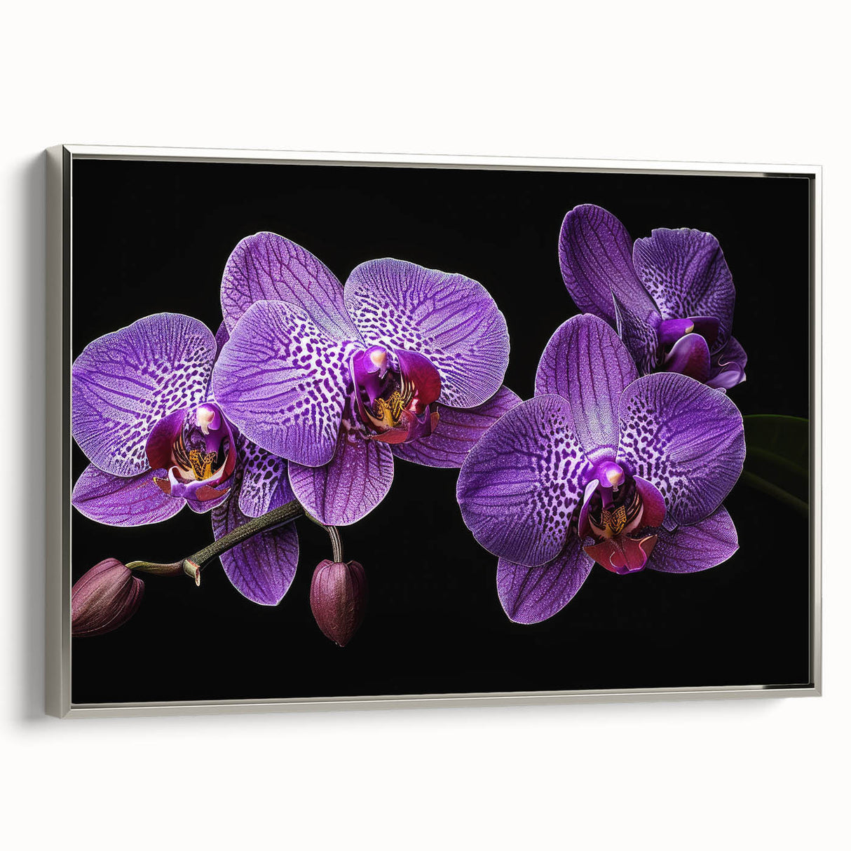 Framed botanical wall art featuring a delicate orchid design in soft pastel colors, showcasing a silver frame and elegant side view, perfect for home decor.