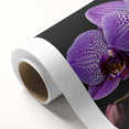 Vibrant botanical orchid wall art design on rolled canvas, showcasing intricate floral details and rich colors, ideal for home decor and gallery displays.