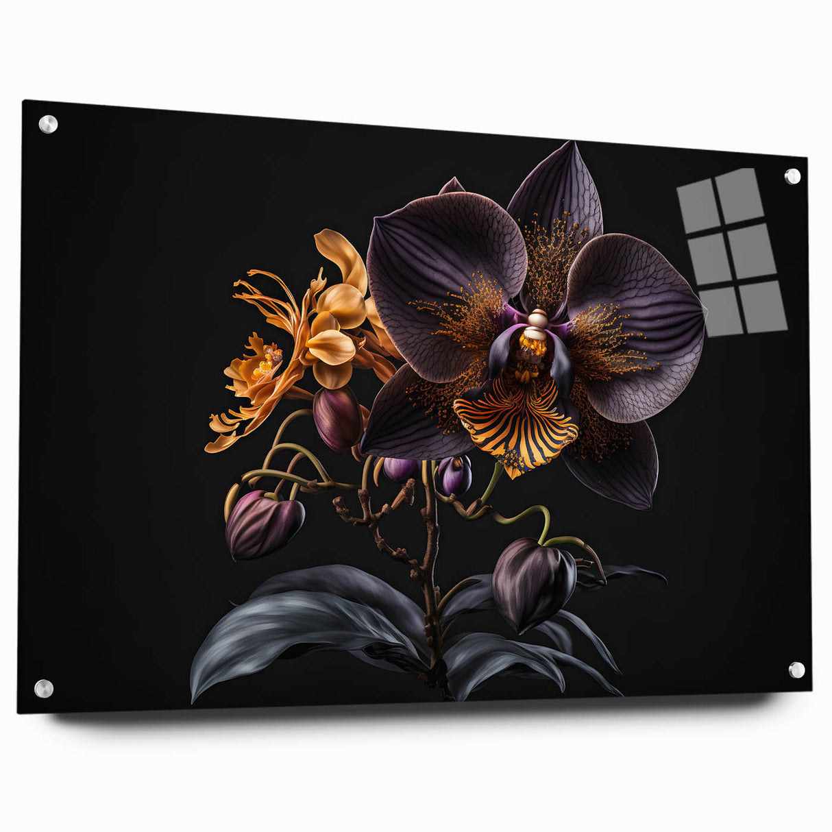 Acrylic glass wall art displaying a vibrant botanical orchid design, showcasing intricate floral details with a side view, perfect for home decor enhancement.