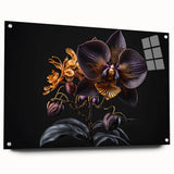 Acrylic glass wall art displaying a vibrant botanical orchid design, showcasing intricate floral details with a side view, perfect for home decor enhancement.