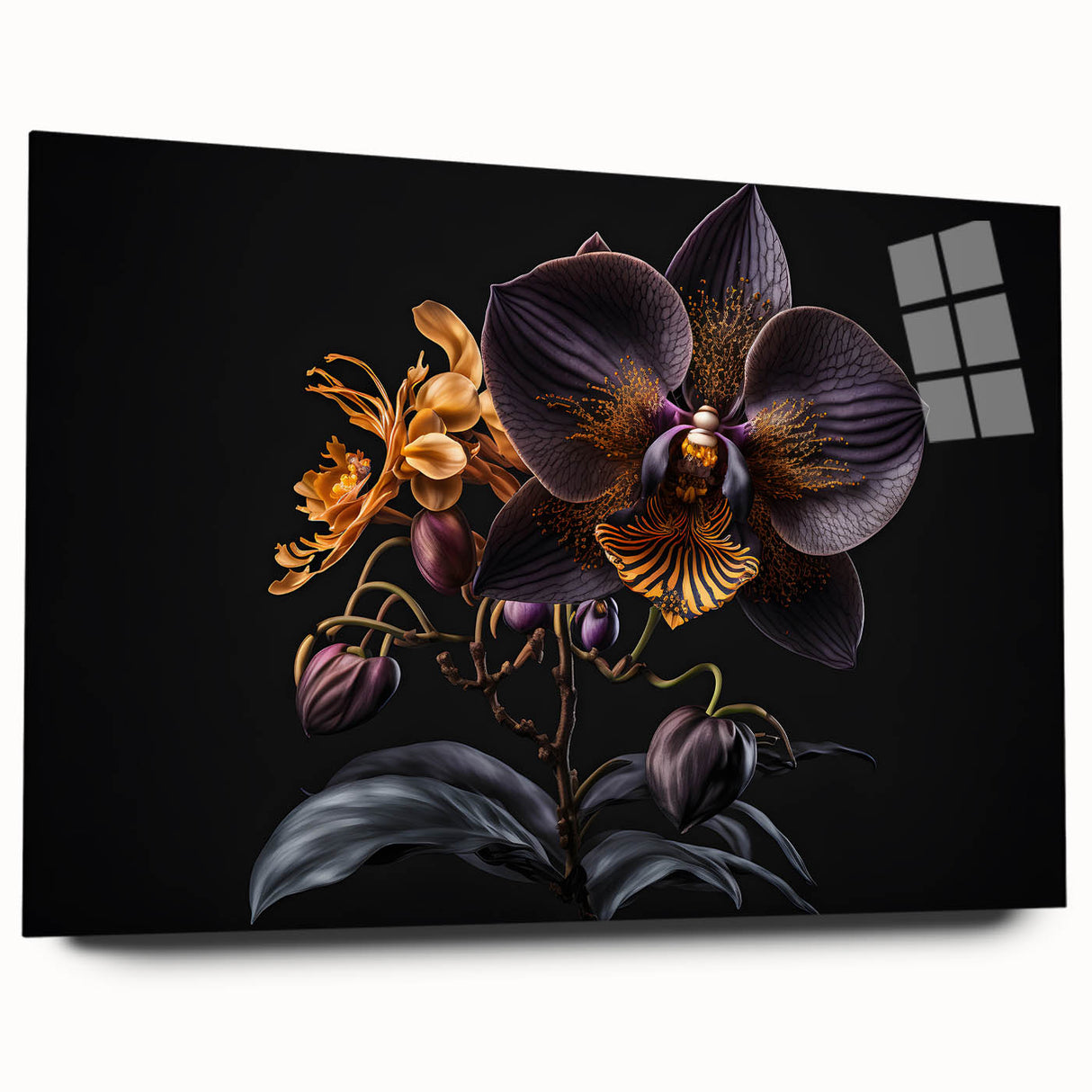 Detailed view of a botanical orchid wall art design printed on acrylic glass, showcasing vibrant colors and intricate details, ideal for modern home decor.