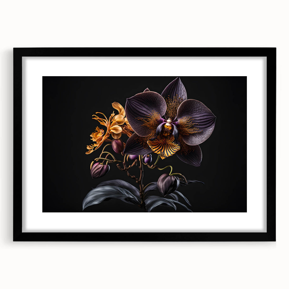 Black-framed wall art featuring a botanical orchid design, showcasing vibrant colors and intricate details, perfect for enhancing interior decor.