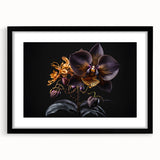 Black-framed wall art featuring a botanical orchid design, showcasing vibrant colors and intricate details, perfect for enhancing interior decor.