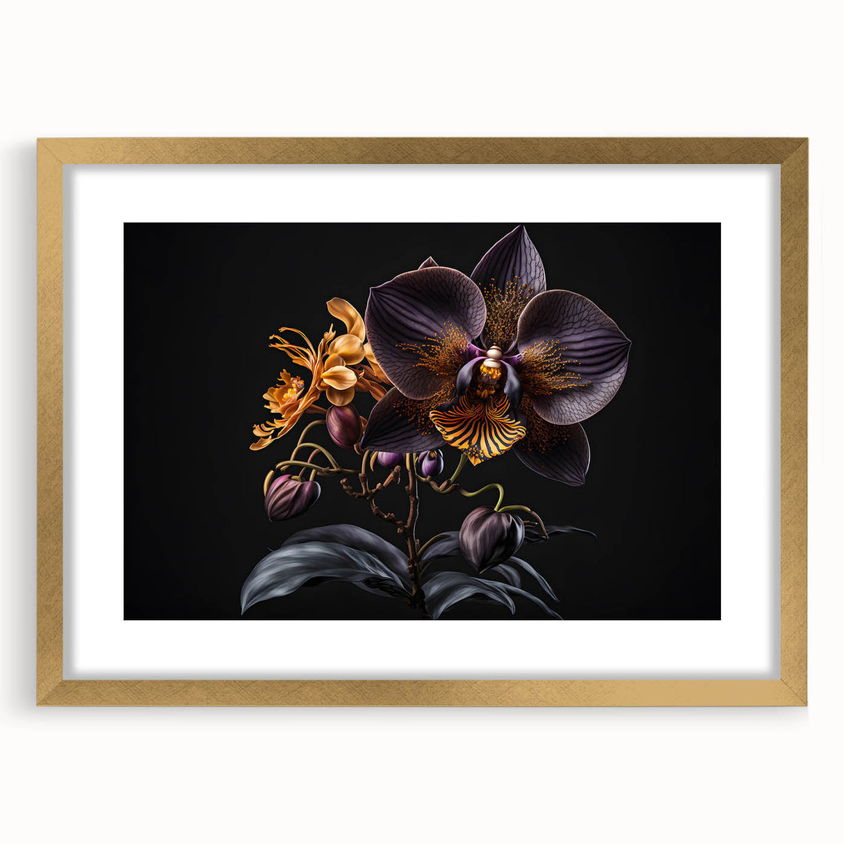 Botanical orchid wall art framed in gold with a mat, showcasing vibrant flowers in a modern design. Ideal for adding elegance to home decor.