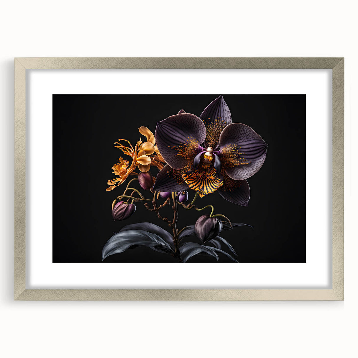 Elegant botanical orchid wall art collection featuring a silver frame and mat, showcasing vibrant floral designs perfect for home decor. Ideal for nature lovers.