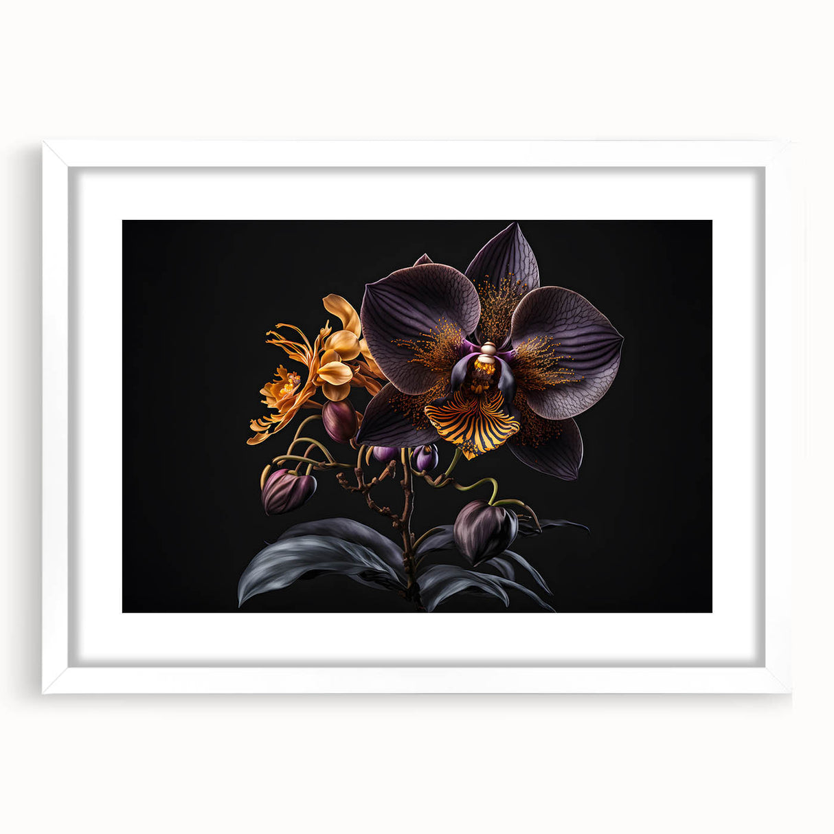 Botanical wall art featuring a vibrant orchid design, framed with a white mat, showcasing intricate floral details and elegant decor perfect for modern interiors.