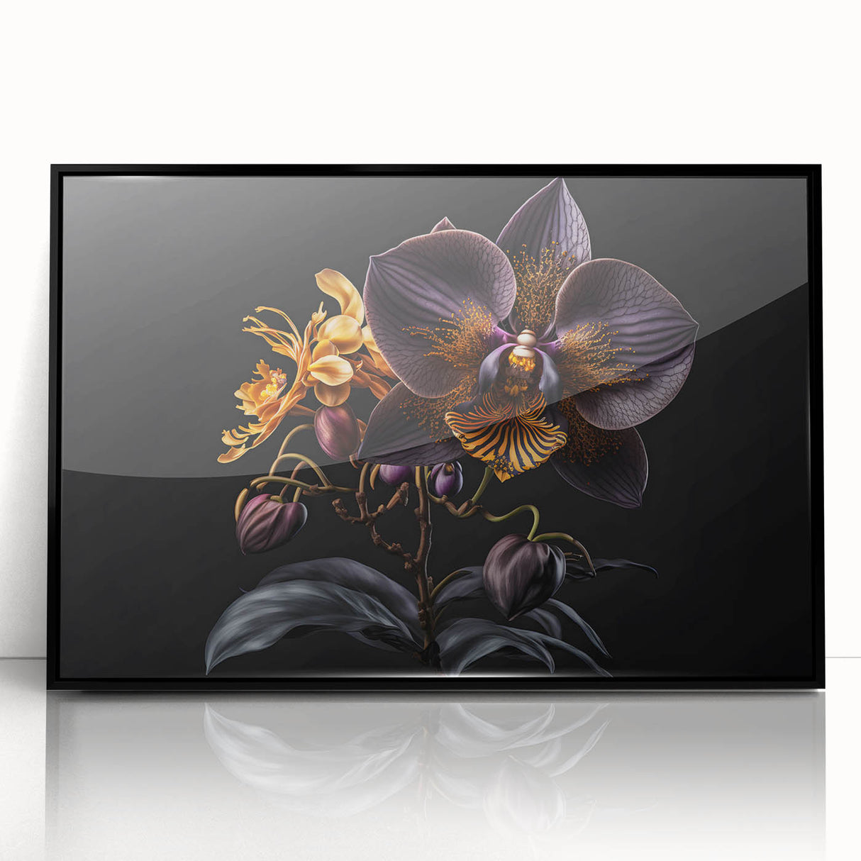 Framed wall art featuring a botanical orchid design, showcasing vibrant colors and intricate details, set in a sleek black frame, perfect for modern home decor.