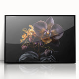 Framed wall art featuring a botanical orchid design, showcasing vibrant colors and intricate details, set in a sleek black frame, perfect for modern home decor.