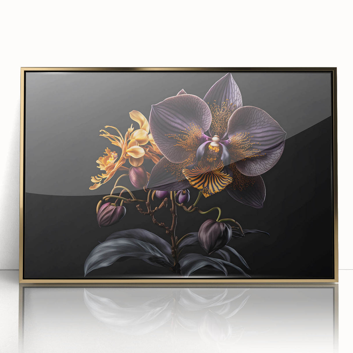 Framed botanical wall art featuring vibrant orchids with a gold-acrylic finish, perfect for enhancing modern home decor and adding a touch of elegance.