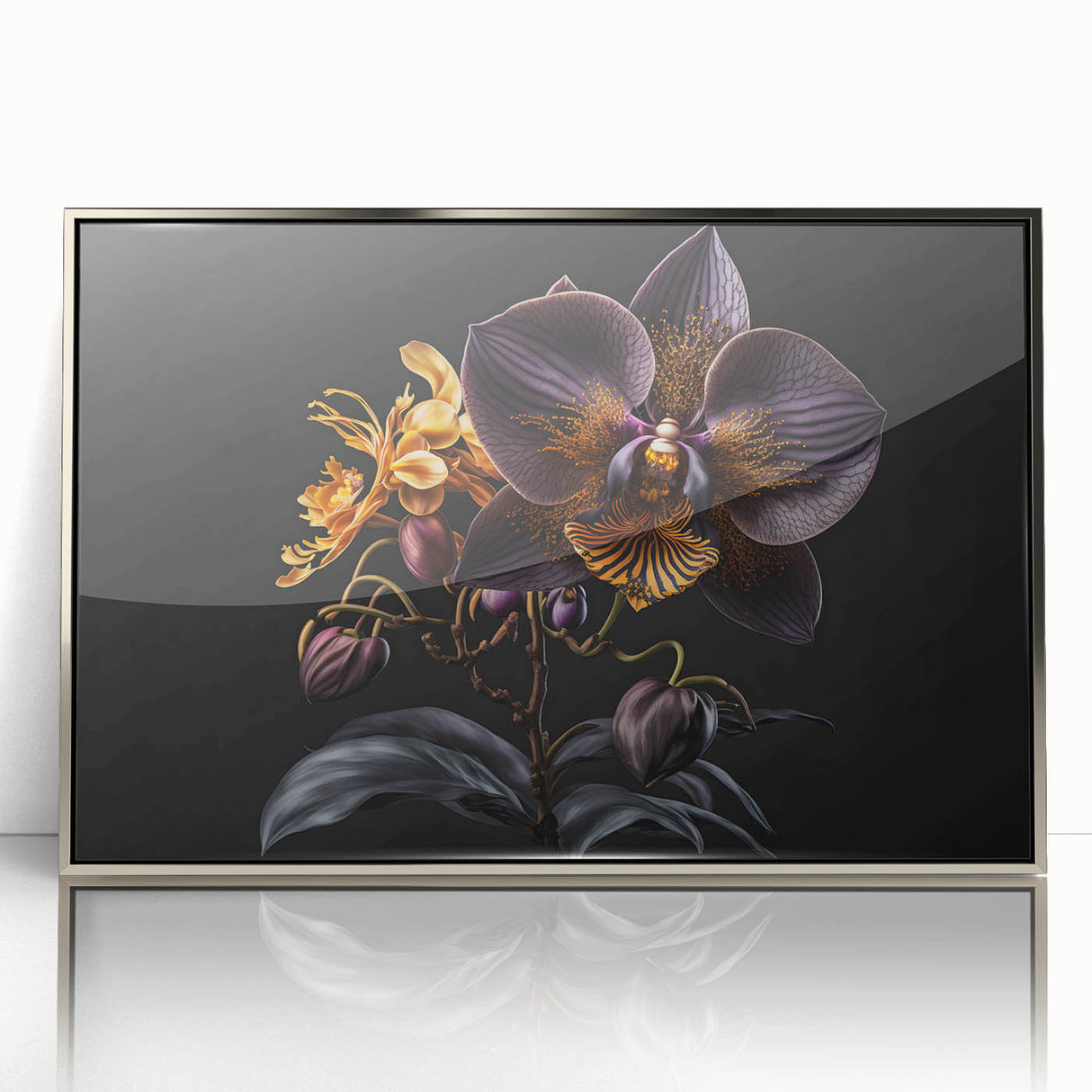 Framed acrylic wall art featuring a stunning botanical orchid design in silver, perfect for adding elegance to any modern decor. The piece showcases intricate floral details and vibrant colors, making it a focal point for living spaces or offices.
