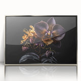 Framed acrylic wall art featuring a stunning botanical orchid design in silver, perfect for adding elegance to any modern decor. The piece showcases intricate floral details and vibrant colors, making it a focal point for living spaces or offices.