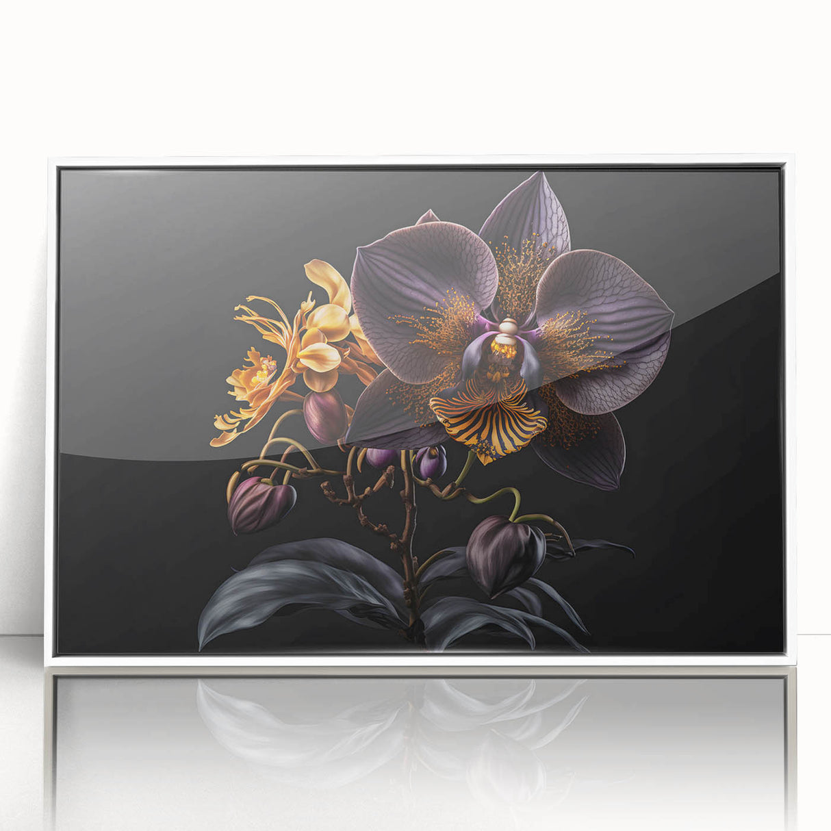 Framed botanical wall art featuring a vibrant orchid design in hues of purple and green, presented in a sleek white frame, perfect for modern decor.