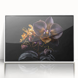 Framed botanical wall art featuring a vibrant orchid design in hues of purple and green, presented in a sleek white frame, perfect for modern decor.