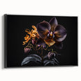 Framed canvas wall art showcasing a botanical orchid design with vibrant colors, elegantly displayed against a black background, perfect for home decor enhancement.