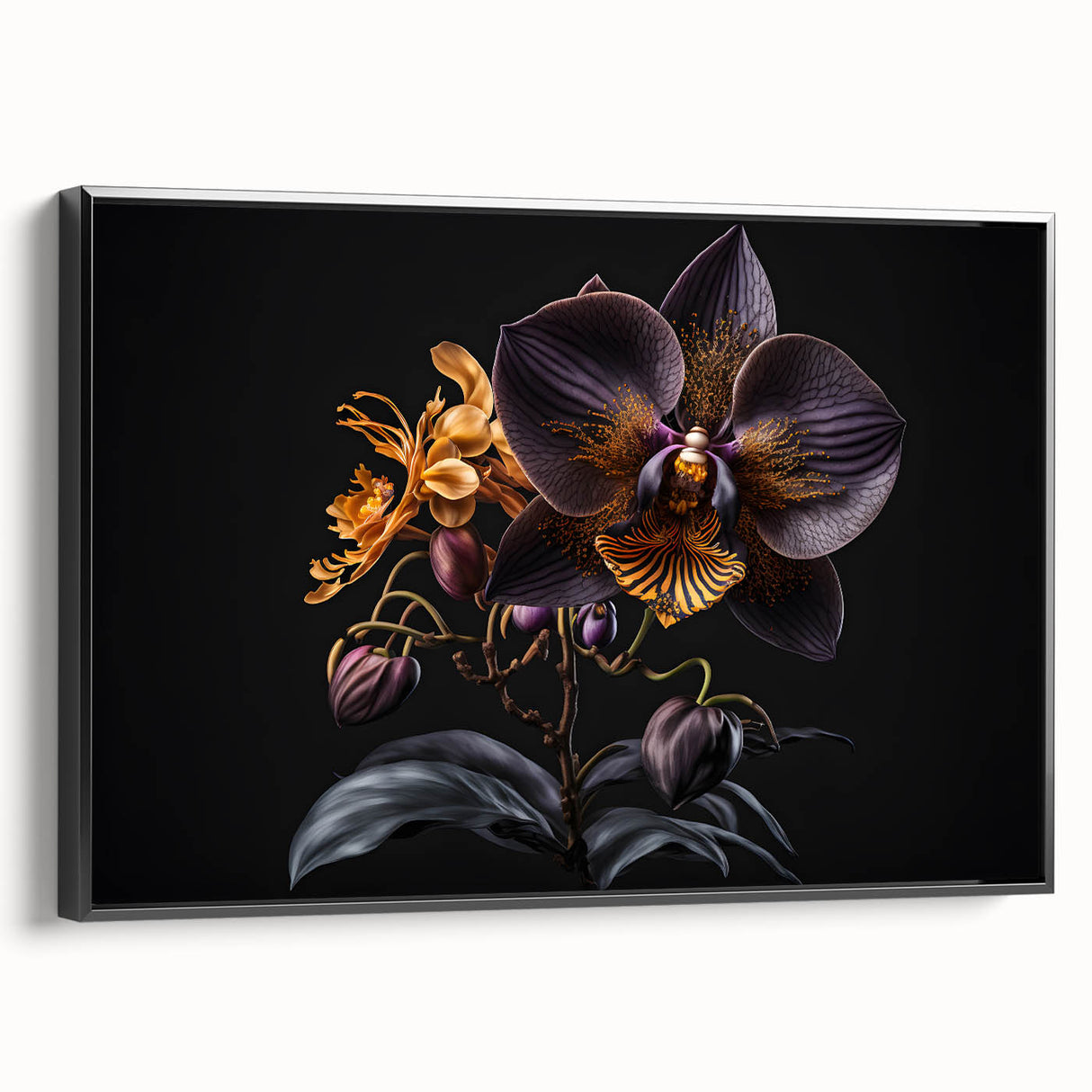 Framed canvas wall art showcasing a botanical orchid design with vibrant colors, elegantly displayed against a black background, perfect for home decor enhancement.