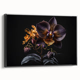 Framed canvas wall art showcasing a botanical orchid design with vibrant colors, elegantly displayed against a black background, perfect for home decor enhancement.