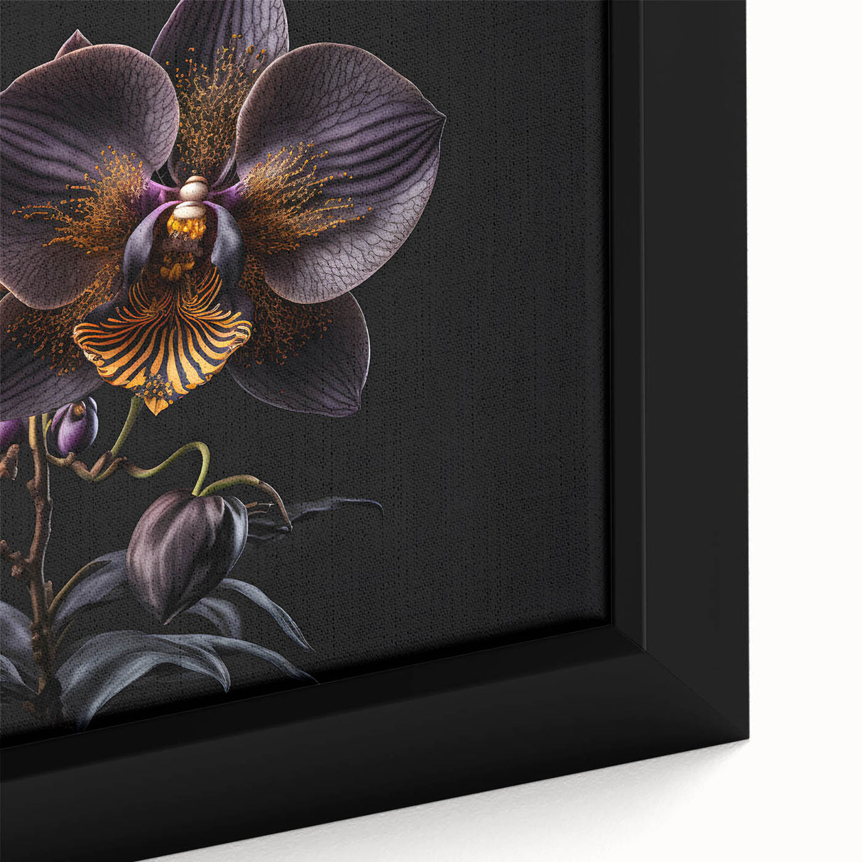 Close-up of a vibrant botanical orchid design on framed canvas wall art, showcasing intricate floral details and rich colors, perfect for home decor.