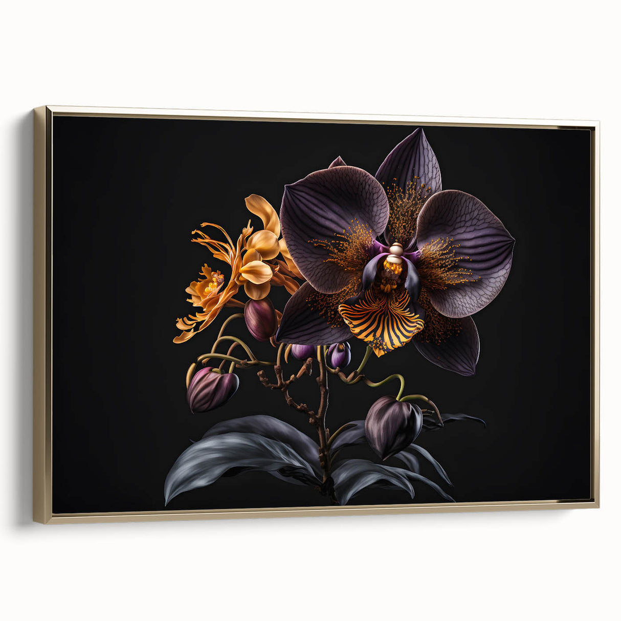 Framed botanical wall art print featuring a vibrant orchid design with gold accents, displayed from the side to highlight its elegant structure and texture.