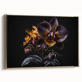 Framed botanical wall art print featuring a vibrant orchid design with gold accents, displayed from the side to highlight its elegant structure and texture.