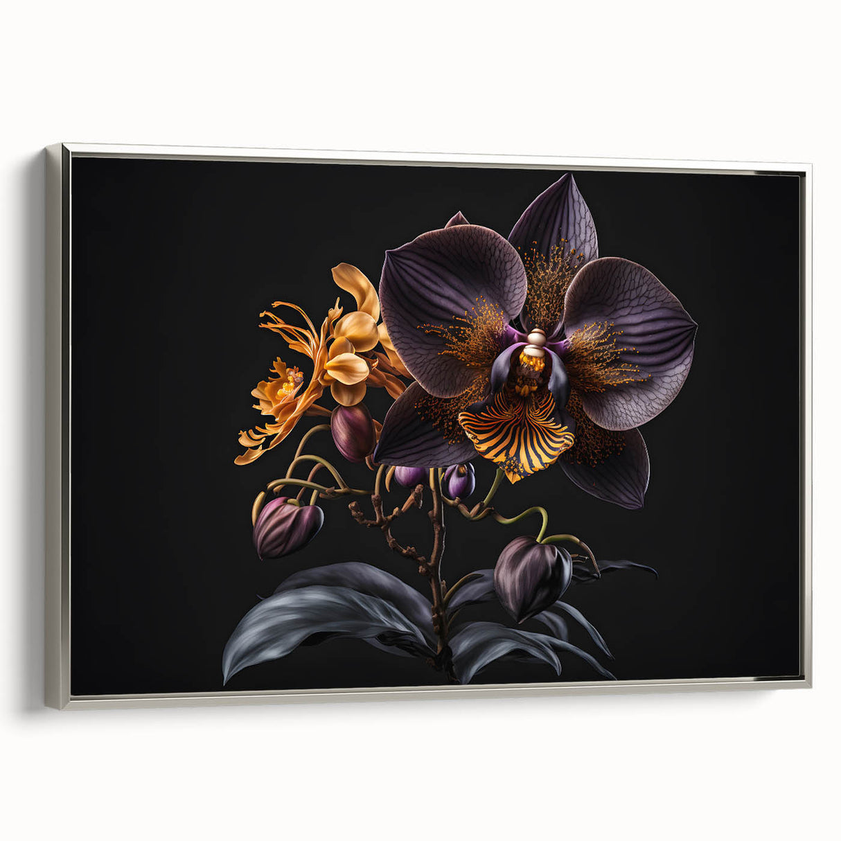 Framed botanical wall art featuring a vibrant orchid design on textured canvas, showcased from a side view with a sleek silver frame, ideal for home decor.