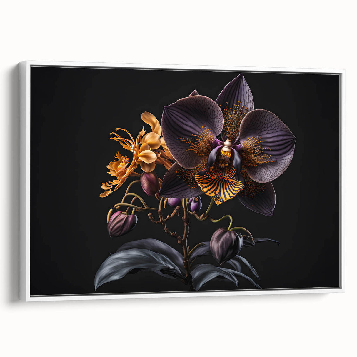 Framed botanical wall art featuring a vibrant orchid design, displayed from a white side view, perfect for adding elegance to home decor.