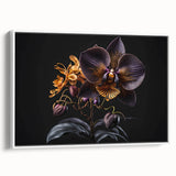 Framed botanical wall art featuring a vibrant orchid design, displayed from a white side view, perfect for adding elegance to home decor.