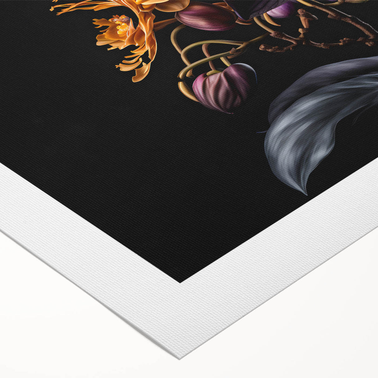 Vibrant rolled canvas showcasing a botanical orchid design in rich colors, ideal for home decor or art collections, presented in a protective cardboard tube.