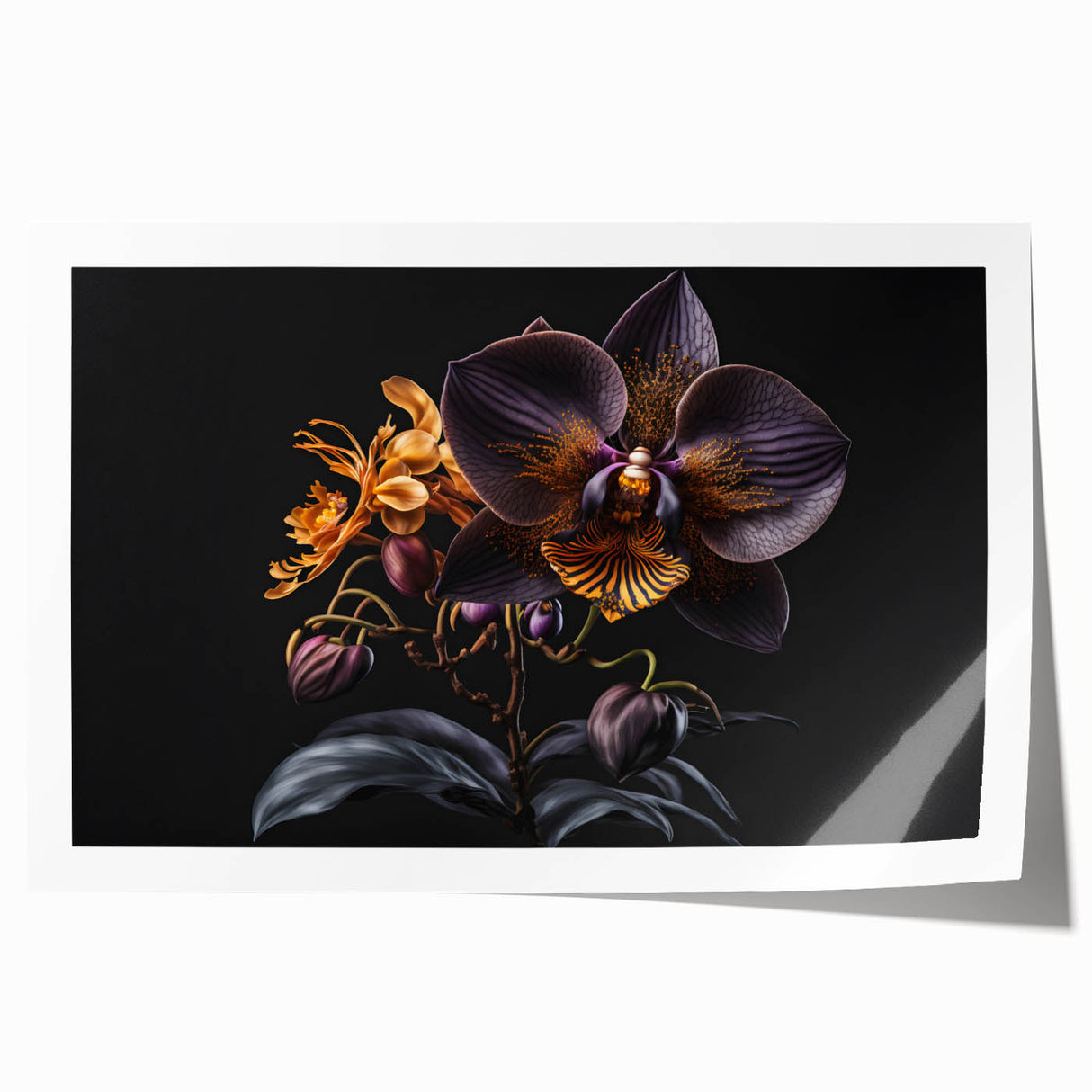 Vibrant botanical wall art print featuring a detailed orchid design, showcased in a rolled format for easy framing, perfect for home decor enthusiasts.
