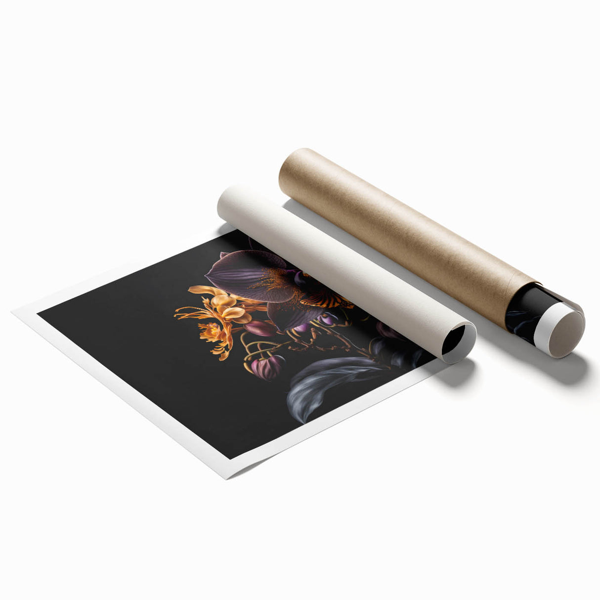 Botanical wall art print showcasing a vibrant orchid design with intricate floral details, rolled for easy display and packaged in a protective tube. Perfect for home decor enthusiasts.