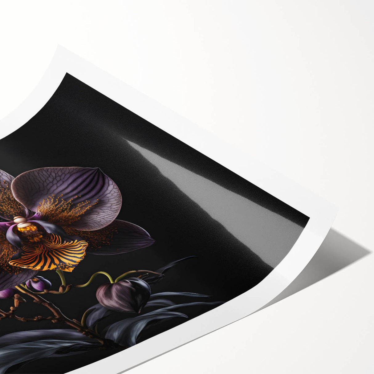Botanical wall art print showcasing a vibrant orchid design with intricate floral details, rolled for easy display and perfect for home decor enhancement.