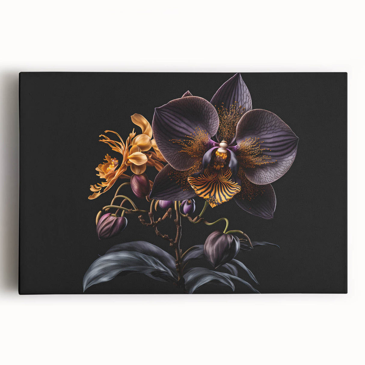 Vibrant botanical orchid wall art design on stretched canvas, showcasing intricate floral details in shades of purple and green, perfect for home decor.