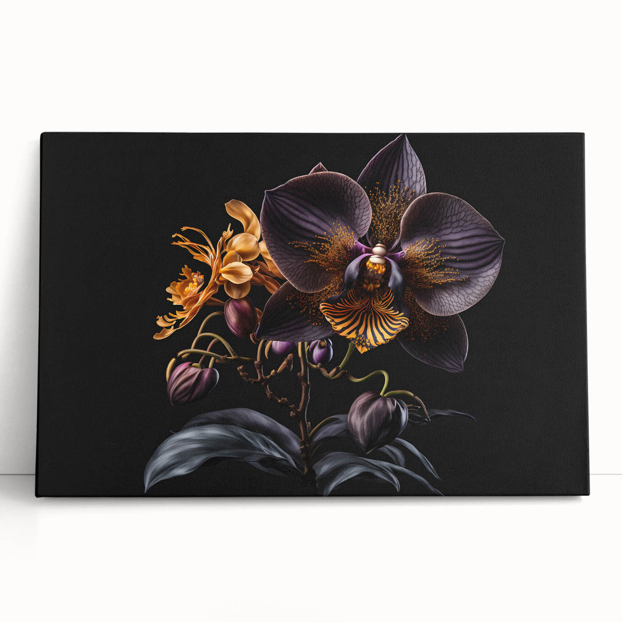 Stretched canvas wall art showcasing a vibrant botanical orchid design, featuring rich colors and intricate floral details, perfect for home decor or gifting.