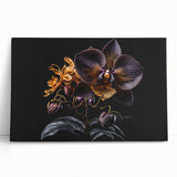 Stretched canvas wall art showcasing a vibrant botanical orchid design, featuring rich colors and intricate floral details, perfect for home decor or gifting.