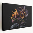 Stretched canvas print showcasing a vibrant botanical orchid design, featuring intricate floral details in rich colors, perfect for home decor or wall art collection.