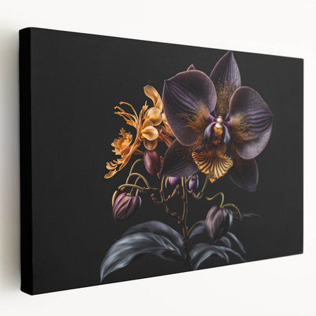 Stretched canvas print showcasing a vibrant botanical orchid design, featuring intricate floral details in rich colors, perfect for home decor or wall art collection.