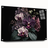 Side view of a framed botanical orchid wall art piece, showcasing intricate floral designs on acrylic glass, elegantly mounted with pins, perfect for home decor.