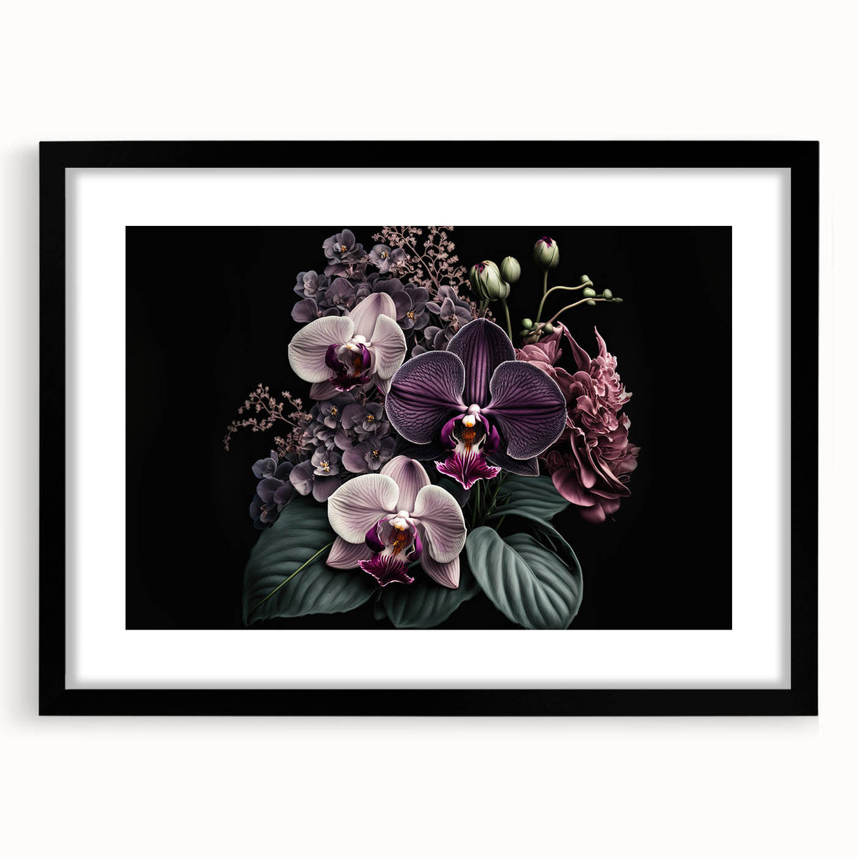 Framed botanical wall art featuring a vibrant orchid design, set in a sleek black frame with a white mat, perfect for modern home decor. Ideal for flower enthusiasts.