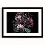 Framed botanical wall art featuring a vibrant orchid design, set in a sleek black frame with a white mat, perfect for modern home decor. Ideal for flower enthusiasts.