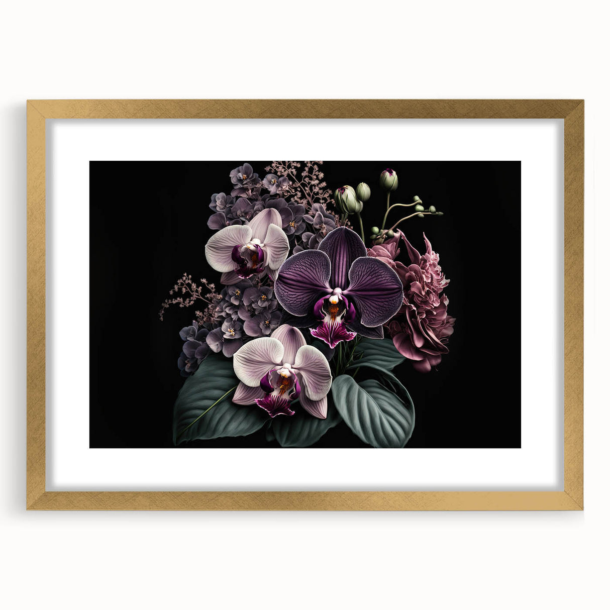 Botanical wall art collection featuring a gold-framed orchid design with a mat, perfect for home decor. Ideal for adding elegance to any space.