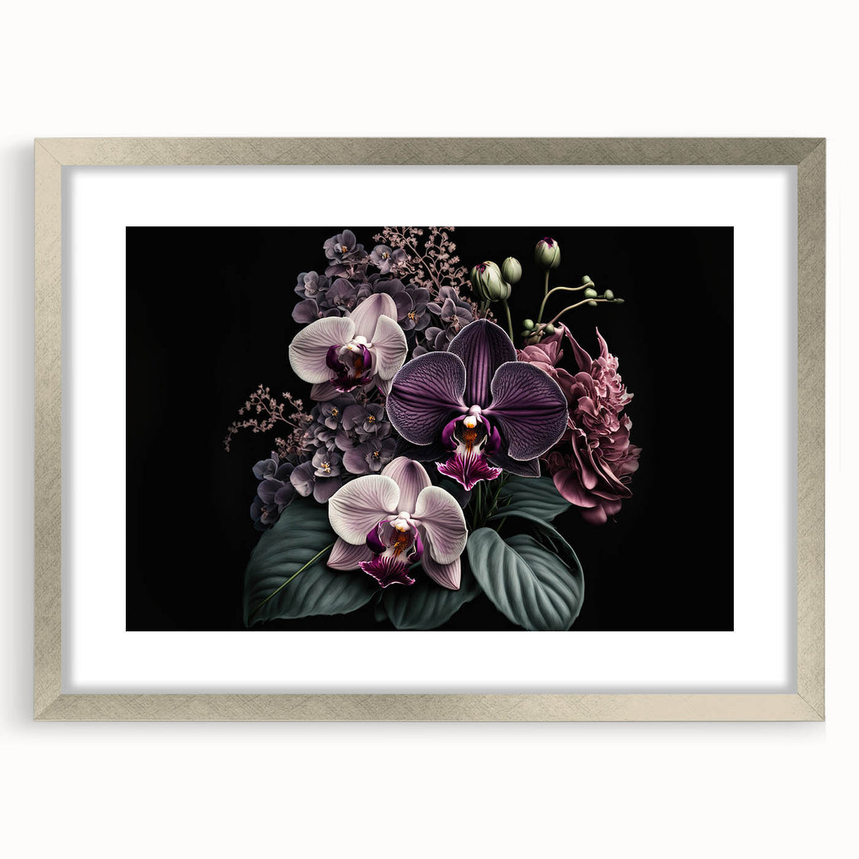 Botanical wall art collection featuring a silver-framed orchid design with a mat, showcasing vibrant colors and intricate floral details, perfect for home decor.