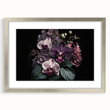 Botanical wall art collection featuring a silver-framed orchid design with a mat, showcasing vibrant colors and intricate floral details, perfect for home decor.