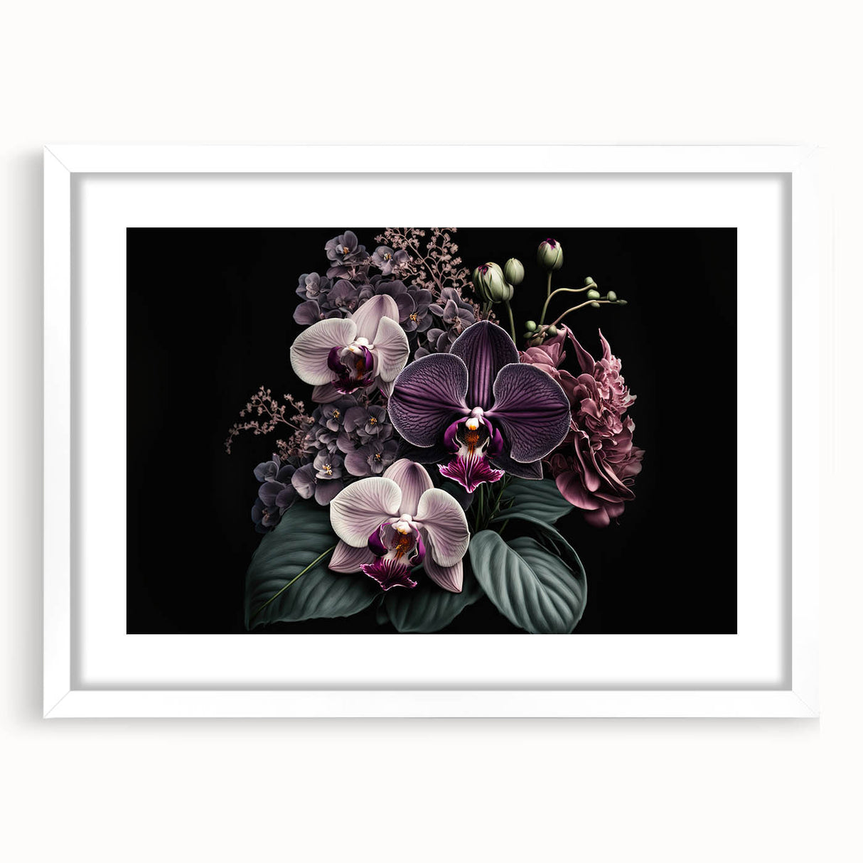 Botanical orchid wall art print featuring vibrant purple and white flowers, framed in a sleek white mat, perfect for enhancing modern home decor.