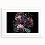 Botanical orchid wall art print featuring vibrant purple and white flowers, framed in a sleek white mat, perfect for enhancing modern home decor.