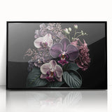 Framed wall art featuring a vibrant botanical orchid design, set in a sleek black frame, perfect for adding elegance to home decor or office interiors.