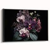 Framed canvas wall art showcasing a botanical orchid design with vibrant colors on a black background, highlighting intricate floral details and elegant framing.