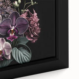 Close-up of a beautifully framed botanical orchid wall art piece, showcasing vibrant colors and intricate floral details, perfect for enhancing home decor.